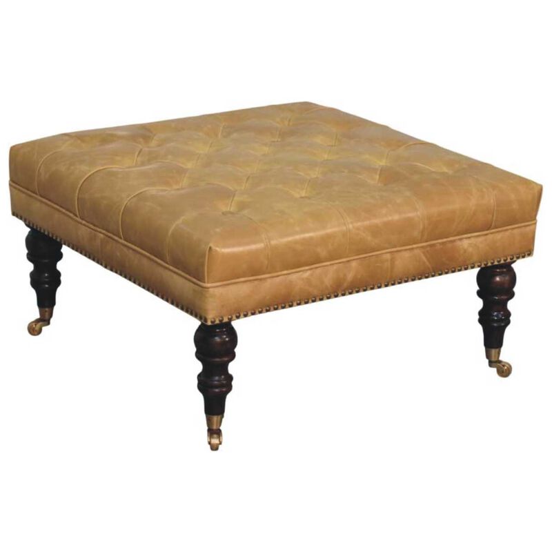 Artisan Furniture Solid Wood Tan Leather Upholstered Ottoman image number 5