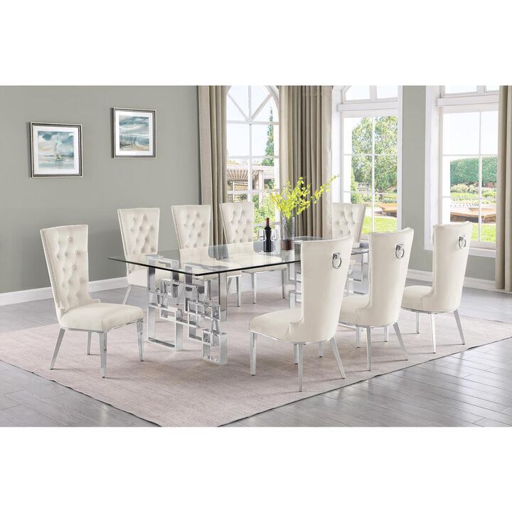 9-piece glam dining set with 8 cream chairs and a 95" long glass  table