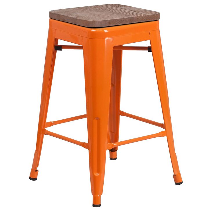 Flash Furniture Lily 24" High Backless Orange Metal Counter Height Stool with Square Wood Seat