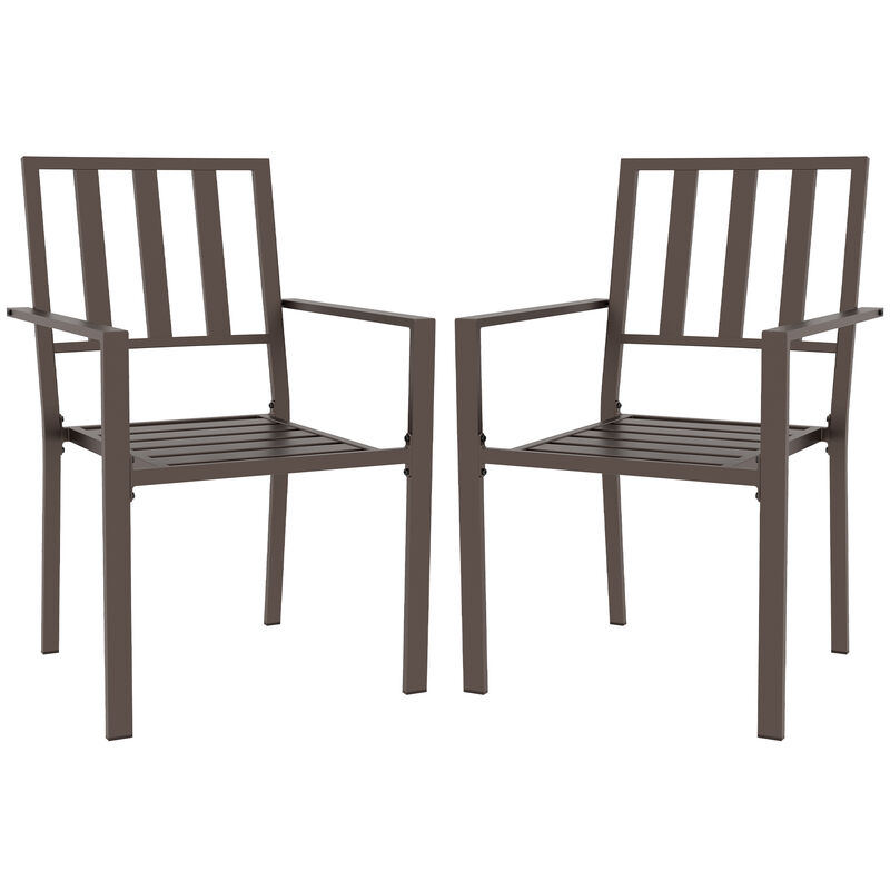 Outsunny Set of 2 Patio Dining Chairs, Stackable Outdoor Garden Bistro Chairs with Metal Slatted Seat & Backrest, for Yard, Garden, Dark Brown