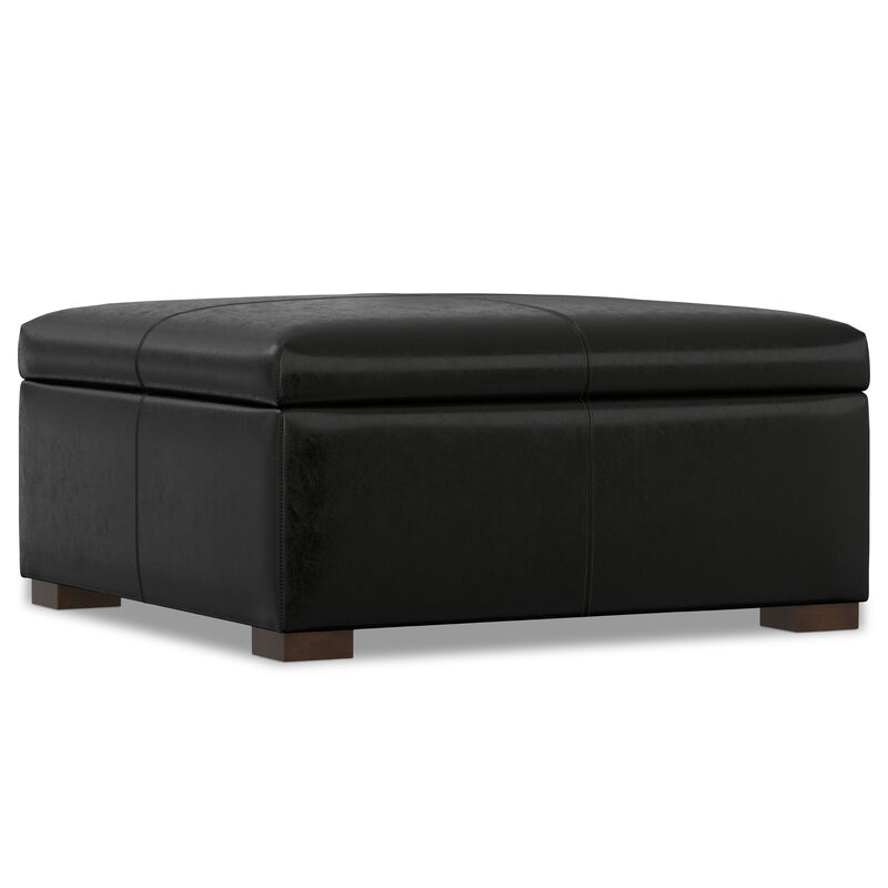 Gabbie 36 inch Wide Contemporary Square Square Coffee Table Storage Ottoman in  Midnight Black PU Black faux leather, Assembled