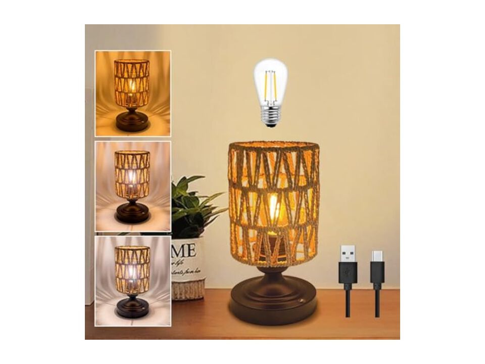 Rechargeable Cordless Dimmable Farmhouse Rattan Desk Lamp For Living Room