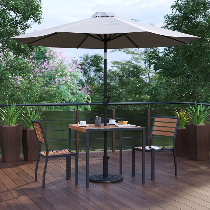 Flash Furniture Lark 5 Piece Patio Table Set - 2 Synthetic Stackable Faux Teak Chairs - 35" Square Faux Teak Table - Gray Umbrella with Base