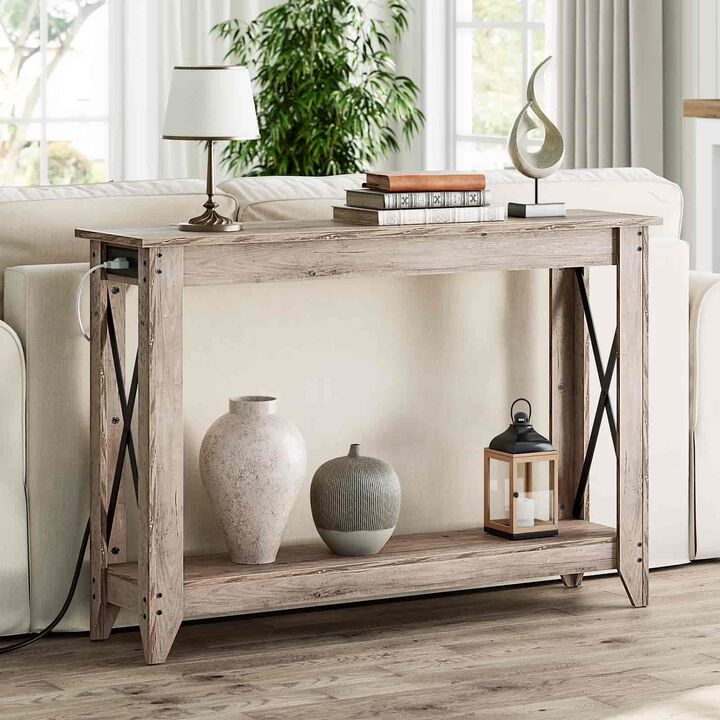 Farmhouse Entryway Console Table with Power Outlets & USB Charging -Greige