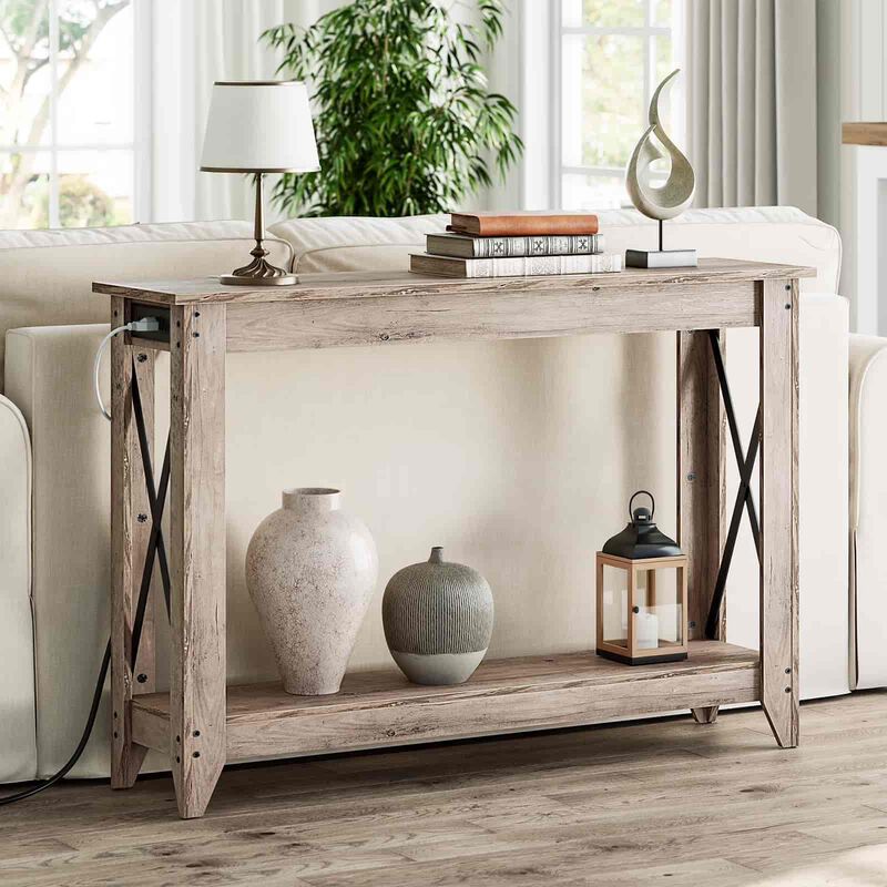 Farmhouse Entryway Console Table with Power Outlets & USB Charging -Greige image number 1