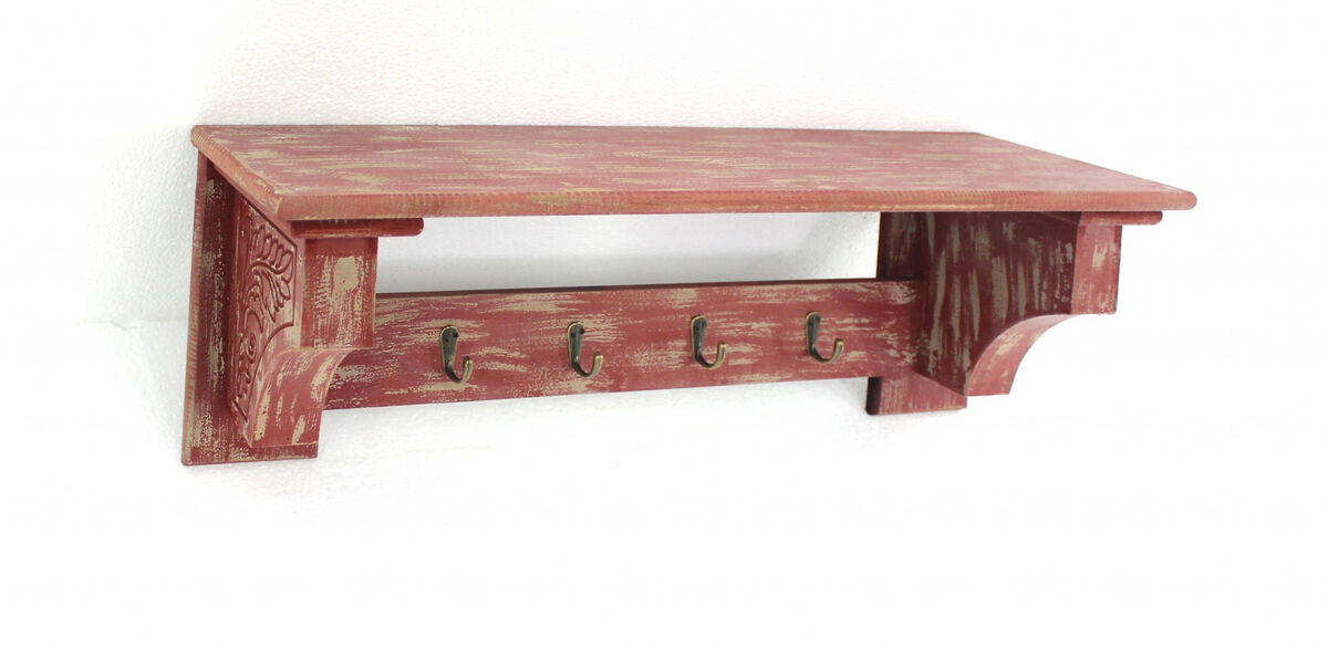 Vintage Wall Shelf with Wooden Design and Four Metal Hooks