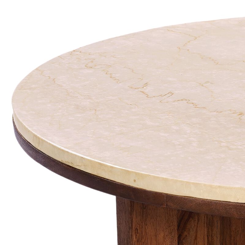 Kara Coffee Table, 29 Inch Round Botticino Marble Top, Brown Mango Wood 3 Panel Tripod Base image number 3