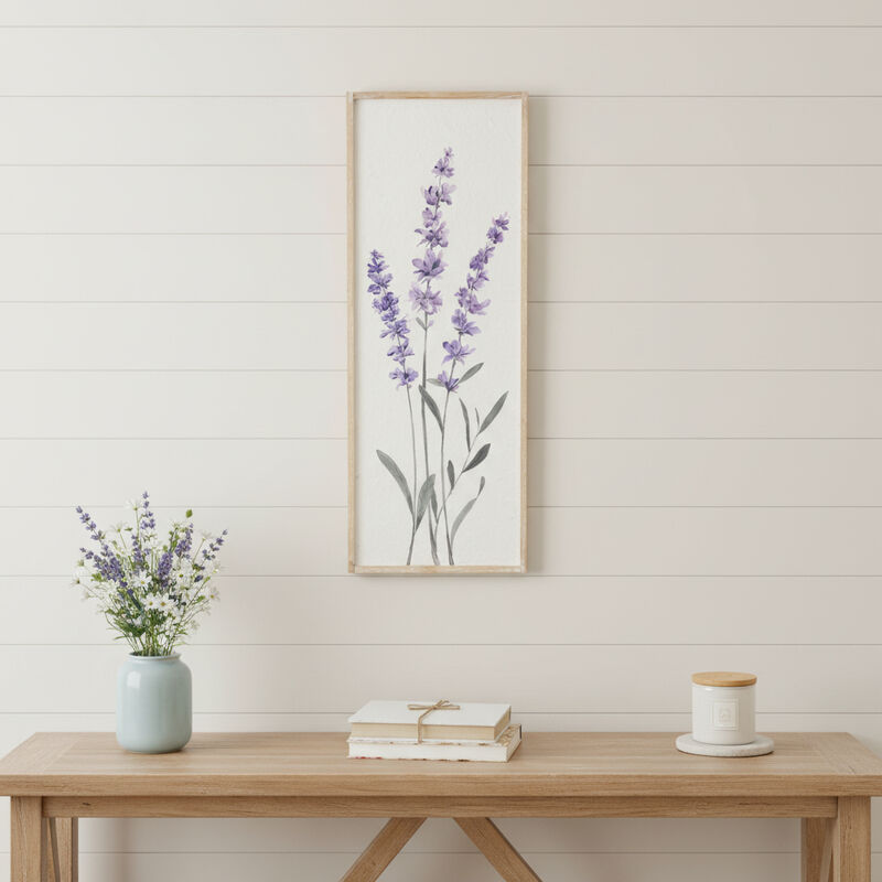 HomeRoots 32" X 12" Natural White And Lavender Floral Wood Framed Art image number 1