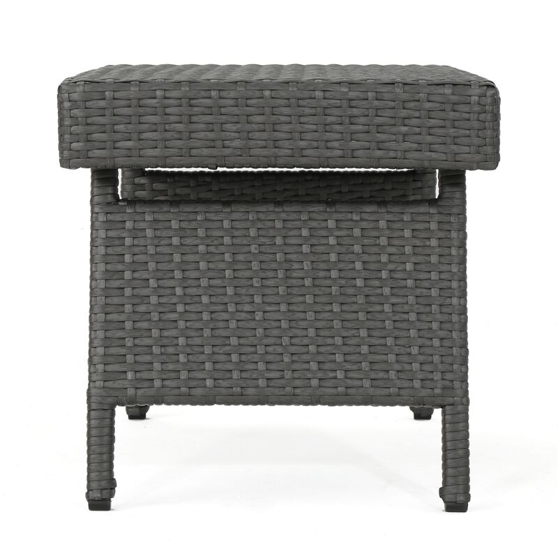 Mach Snack Table, Dark Gray Outdoor Safe Wicker and Iron Frame, 24 Inch - Benzara