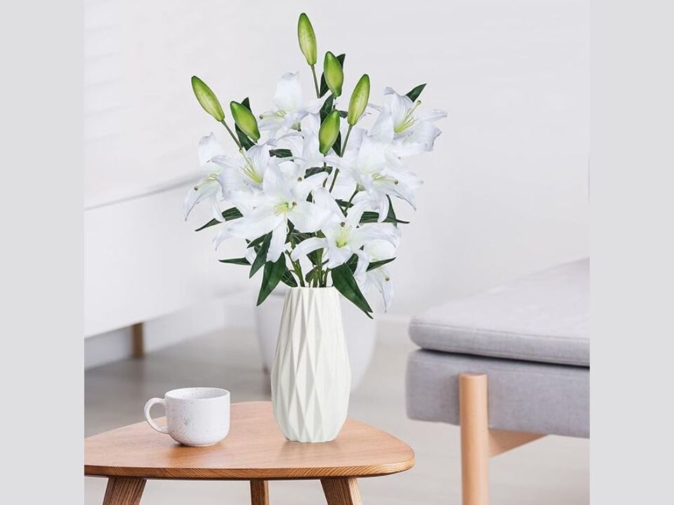 3 Piece White Artificial Lily Flower Heads Long Stem Wedding Centerpiece Decor