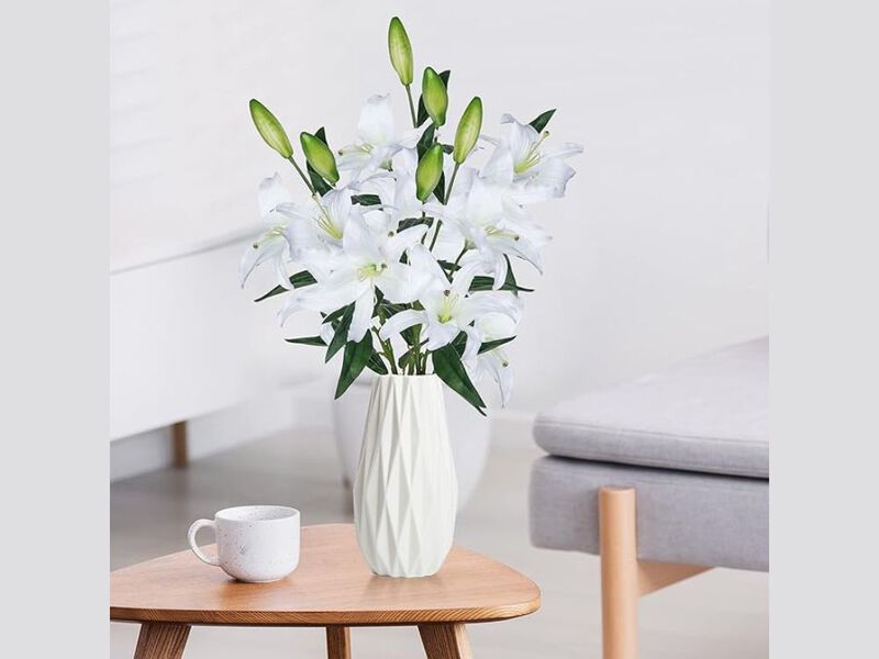 3 Piece White Artificial Lily Flower Heads Long Stem Wedding Centerpiece Decor image number 1