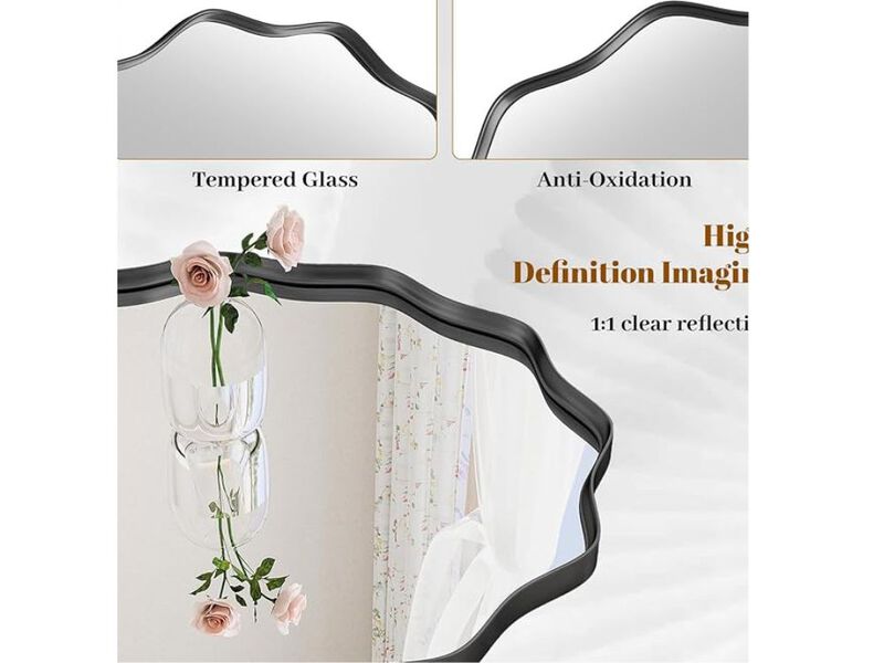 "30" Round Wavy Wall Mirror  Black Metal Frame  Modern Vanity & Entryway Decor
