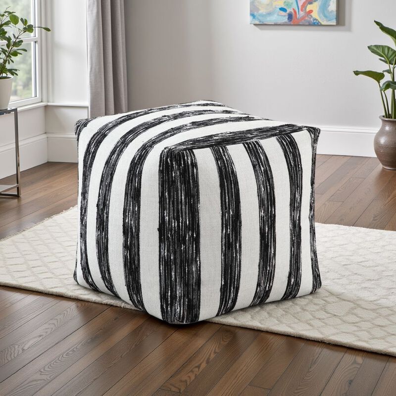 Modern Pouf Ottoman, Black White Wide Striped Jacquard, 16 Inch Square