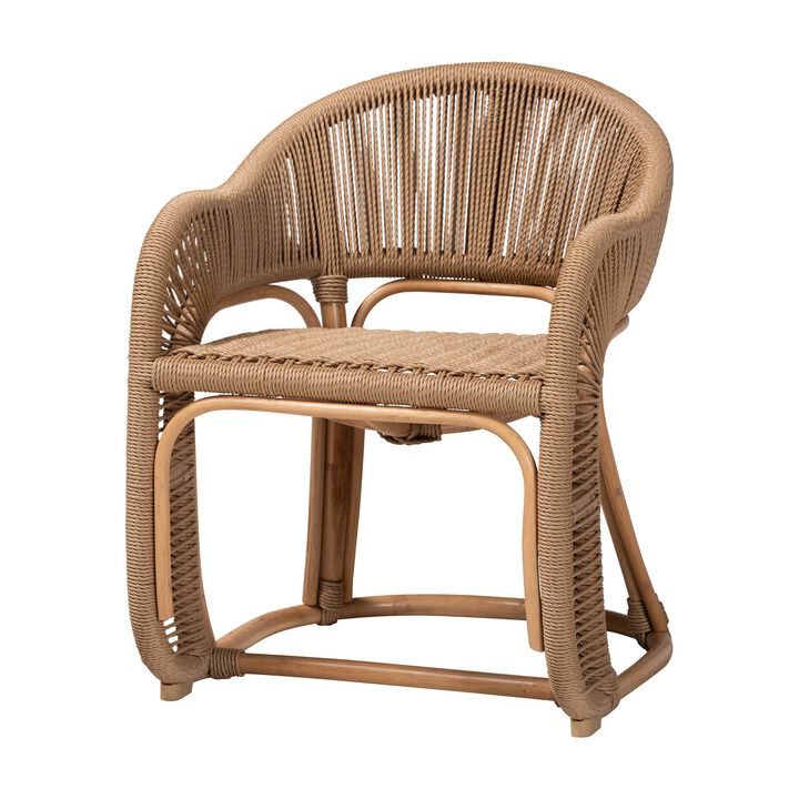 bali & pari Isra Natural Rattan Accent Chair with Handwoven Synthetic Wicker &ndash; Curved Barrel Back Lounge Chair for Coastal Living Spaces