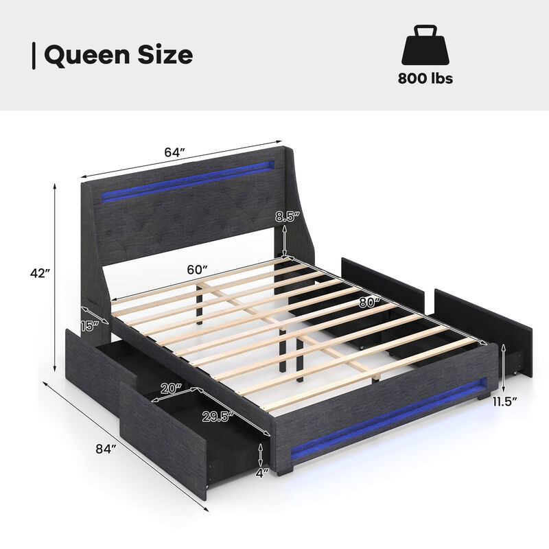 Upholstered Platform Bed Frame with LED Lights and Built-In Charging Station for Modern Convenience and Style