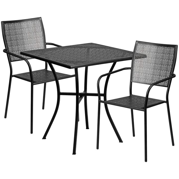 Flash Furniture Commercial Grade 28" Square Light Gray Indoor-Outdoor Steel Patio Table Set with 2 Square Back Chairs
