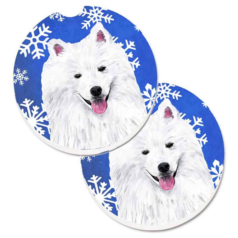 Caroline's Treasures American Eskimo Winter Snowflakes Holiday Set of 2 Cup Holder Car Coasters SC9379CARC, 2.56, Multicolor image number 0
