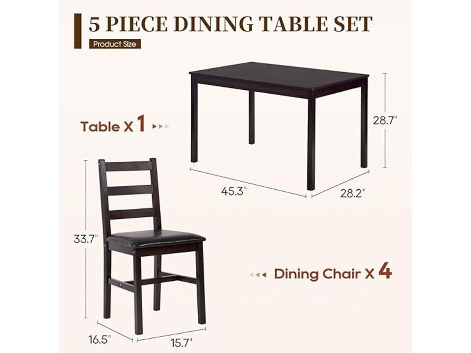 Dining Set &ndash; 5‑Piece Walnut Solid Wood Table with 4 Upholstered Chairs, Space‑Saving Design