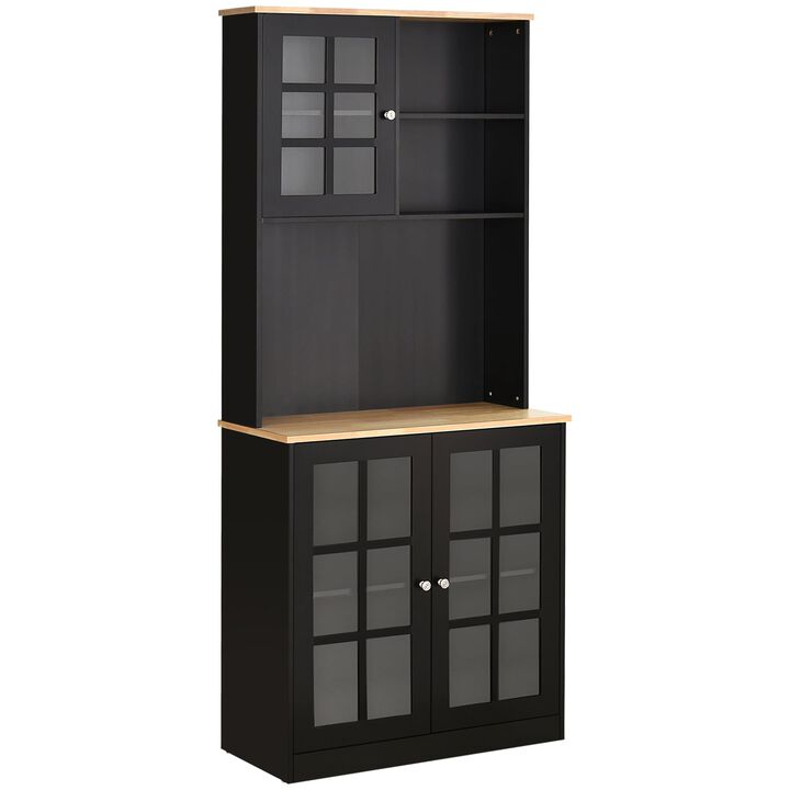 Black Culinary Storage: 72" Kitchen Pantry Cabinet with Glass Doors