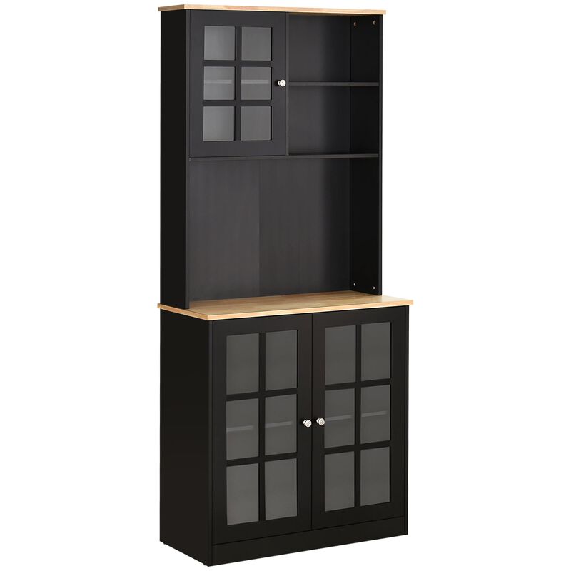 Black Culinary Storage: 72" Kitchen Pantry Cabinet with Glass Doors