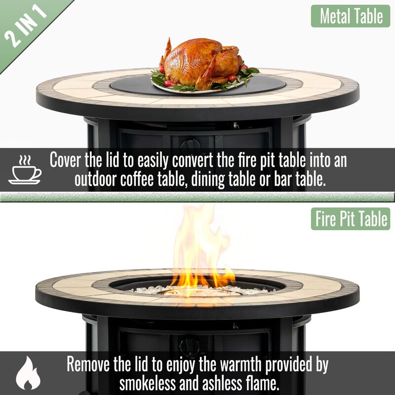 30" Propane Gas Fire Pit Table, 50000 BTU Outdoor Round Steel Fire Pit with Mosaic Ceramic Table Top