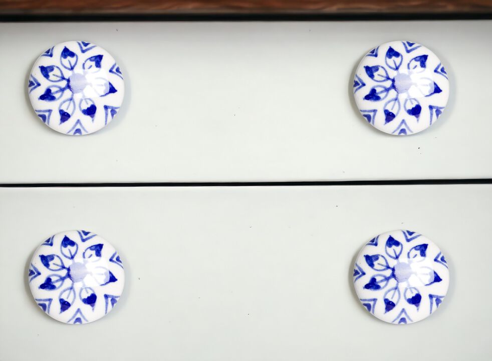 HomeRoots Set of Eight Blue And White Ceramic And Metal Drawer Pull Knobs