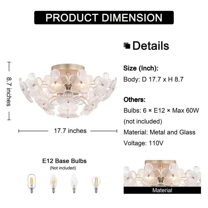 Coral Brushed Silver-ish Champagne Modern 6-Light 17.7" Glam Clear Glass Flower Crystal Flush Mount image number 8