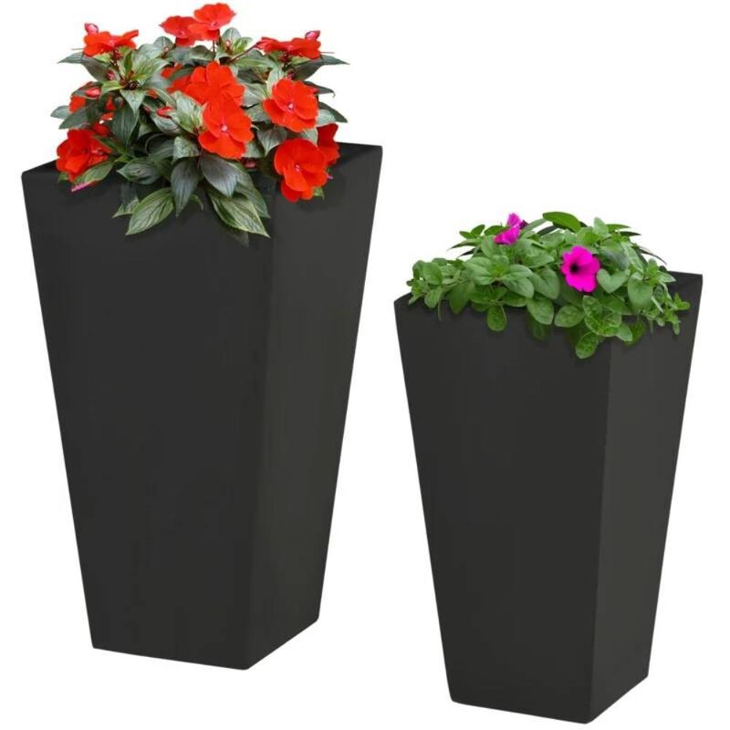 Hivvago Set of 2 Modern Lightweight Black Outdoor Patio Flower Pot Tall Planter Box
