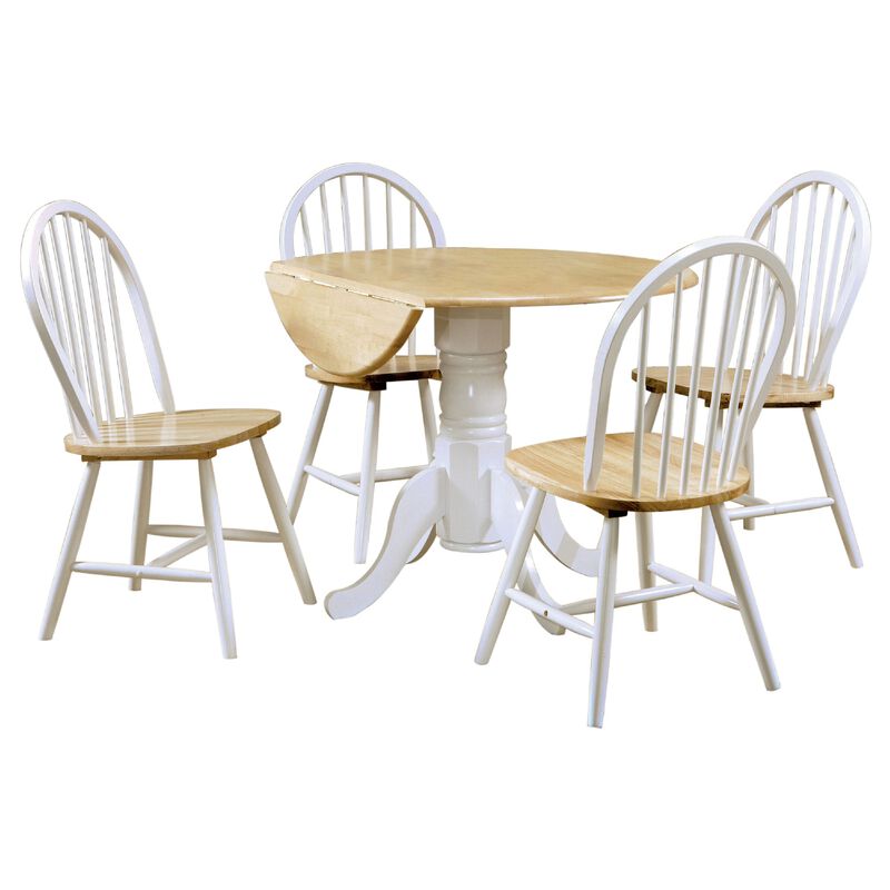 Giva Round Dining Table and 4 Chairs Set, Drop-Leaf, White and Brown - Benzara