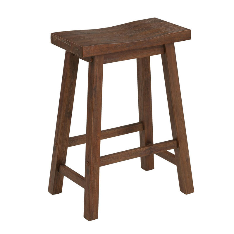 Saddle Design Wooden Counter Stool with Grain Details, Brown - Benzara