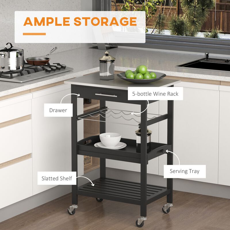 Pine 3-Tier Multifunction Kitchen Rolling Island Cart with Open Storage Shelves, Wine Rack & Stainless Steel Top