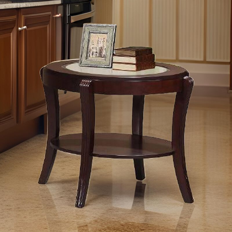 Lyn 31 Inch Side End Table with Oval Glass Top and Lower Shelf, Brown Wood