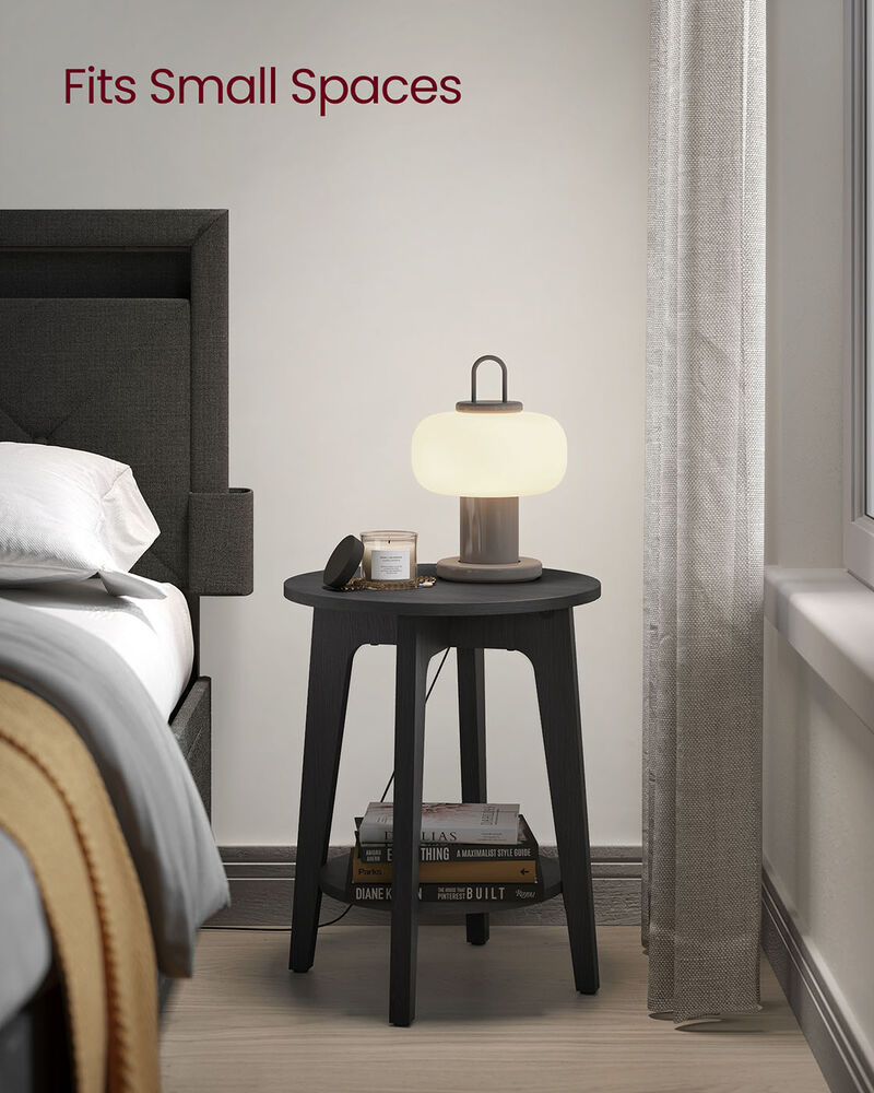Minimalist Round End Table &ndash; Small Table with Lower Shelf for Sofa Side or Bedside Storage Needs