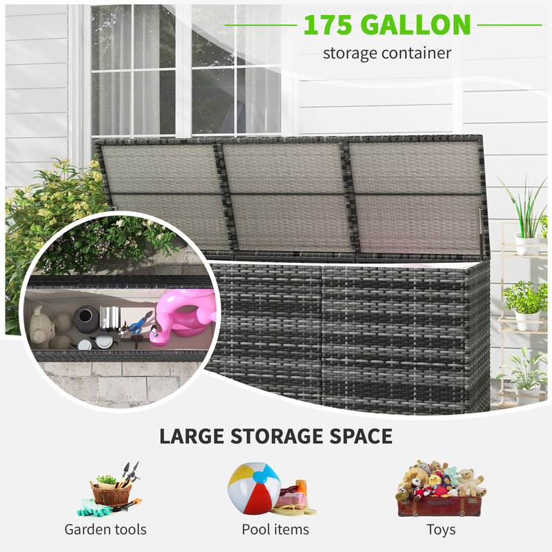 Outsunny 175 Gallon Outdoor Storage Box with Inner Liner, PE Rattan Wicker Deck Box with Pneumatic Bar Lift for Indoor & Outdoor, Patio Furniture Cushions, Pool Toys, Garden Tools, Mixed Gray