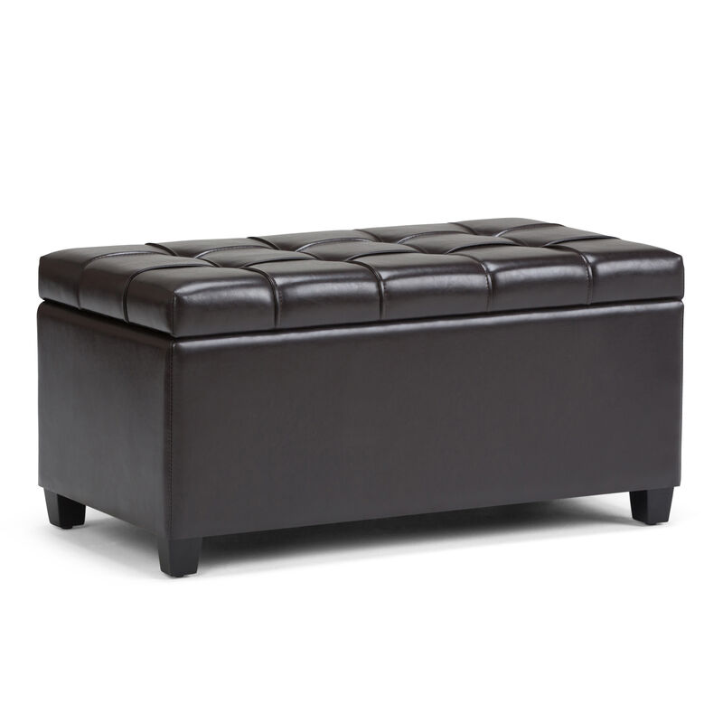 Sienna 33 inch Wide Transitional Rectangle Storage Ottoman Bench in Tanners Brown Vegan Faux Leather, Assembled