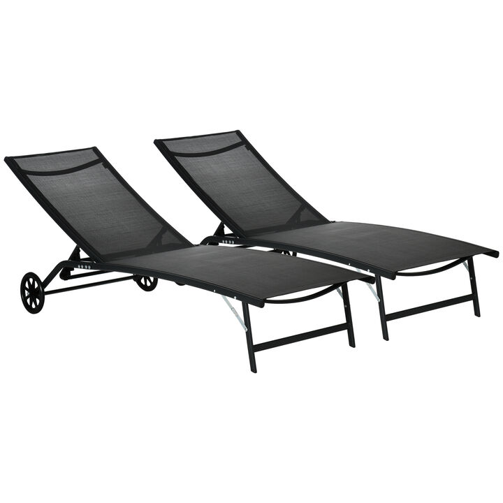 Outsunny Chaise Lounge Outdoor, 2 Piece Lounge Chair with Wheels, Tanning Chair with 5 Adjustable Position for Patio, Beach, Yard, Pool, Black