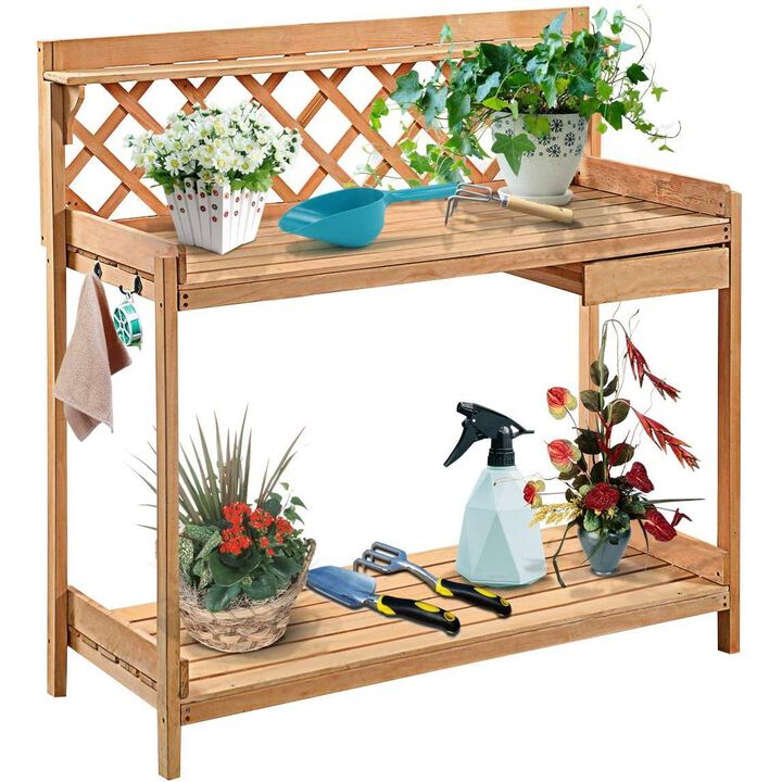 Hivvago Solid Wood Garden Work Table Potting Bench in Natural Finish