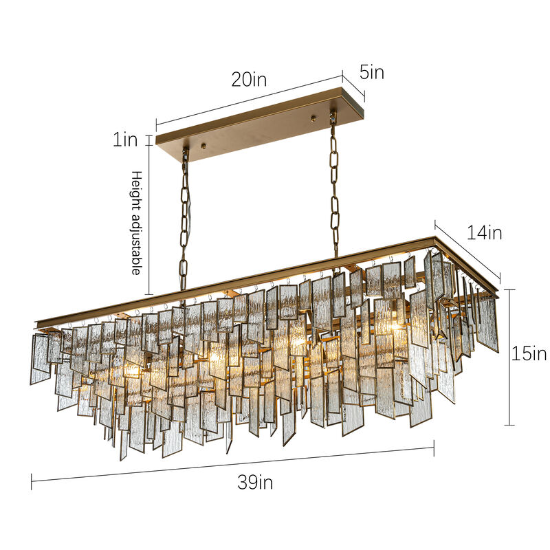 4-Light Vintage Antique Gold Rectangular Tiered Chandelier for Dining Room with Water Ripple Glass Shade image number 6