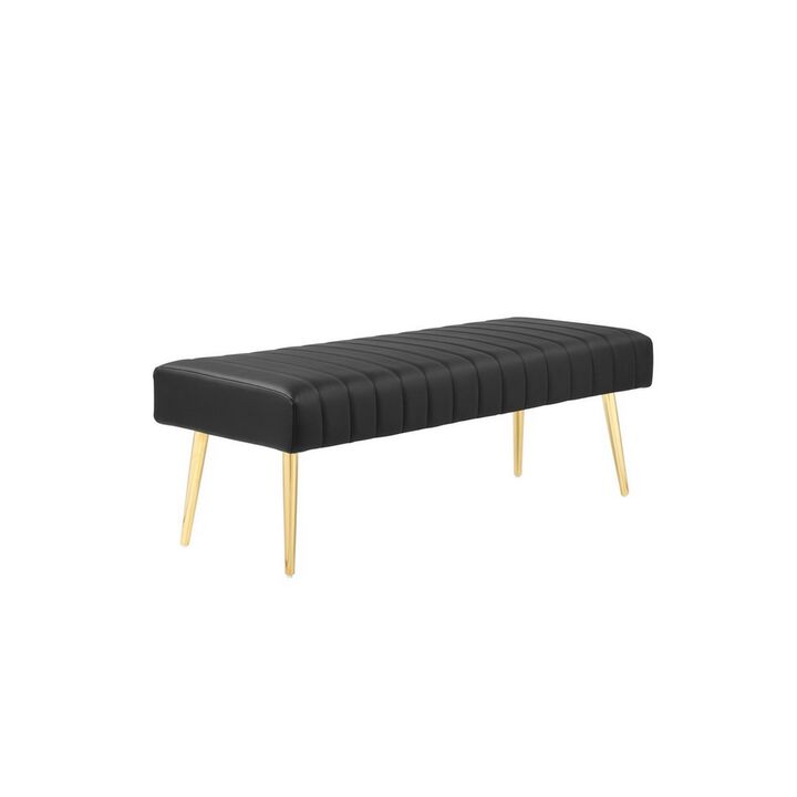 Lida 45 Inch Bench, Modern Tufted Lines, Black Faux Leather, Gold Metal - Benzara