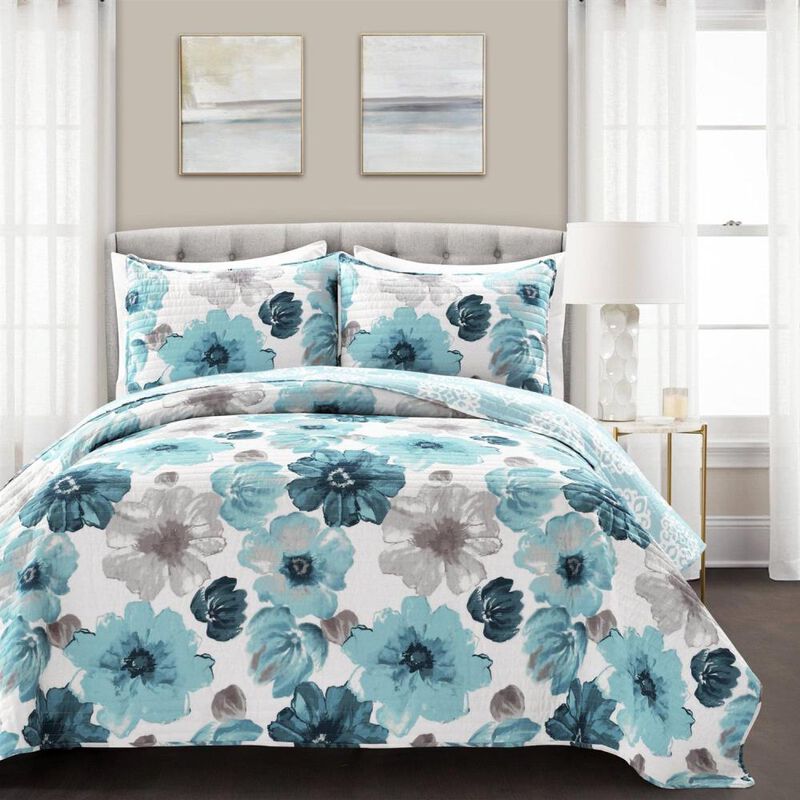 Hivvago Blue Grey Flowers Lightweight Polyester Microfiber Quilt Set