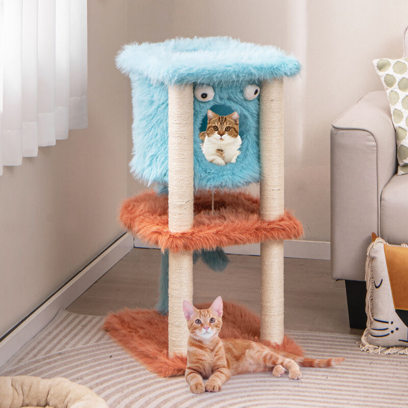 Cute Monster-Themed Cat Tower with Private Condo, Soft Long Plush & Scratching Posts