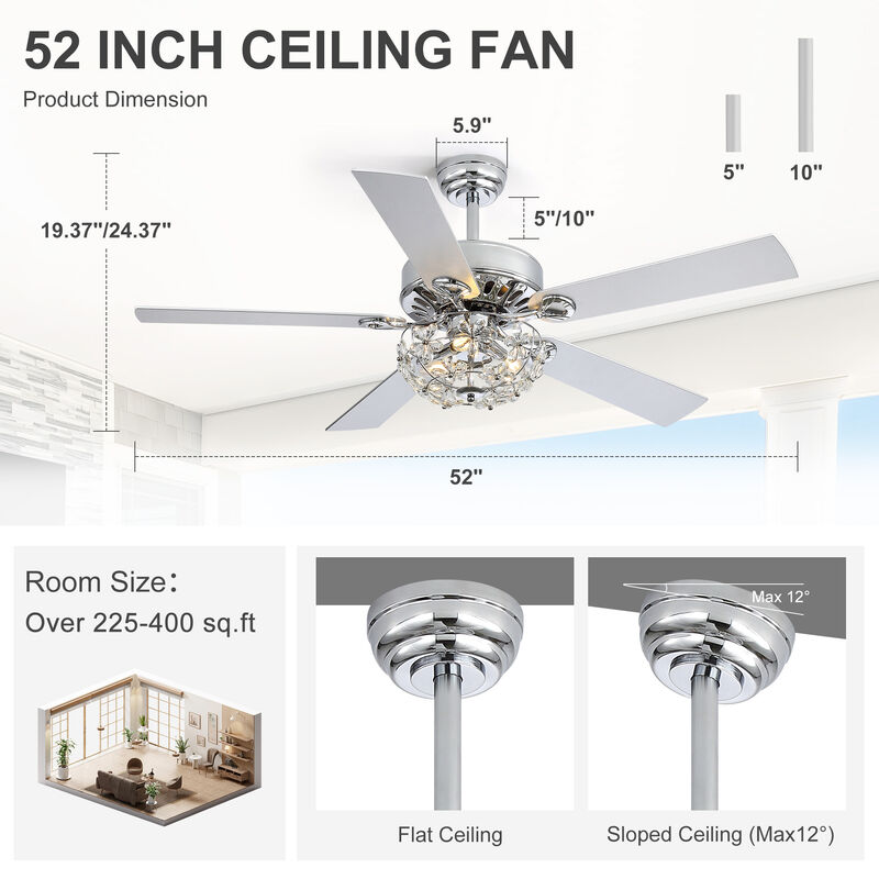 Breezary 52" Ceiling Fan with Light, 5 Blade, 6-Speed DC Motor, Quiet Downrod Mount, Timer, Remote Control image number 4