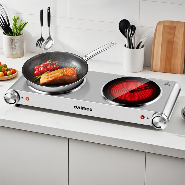 Cusimax 7.1 inch Portable Electric Hot Plate, 1800W Glass Dual Countertop Electric Cooktop, Stainless Steel Infrared Electric Stove