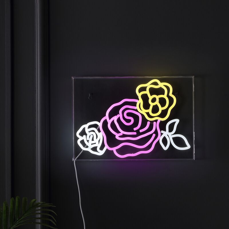 Crowd Of Roses 15" X 10.3" Contemporary Glam Acrylic Box USB Operated LED Neon Light, Pink/White/Yellow