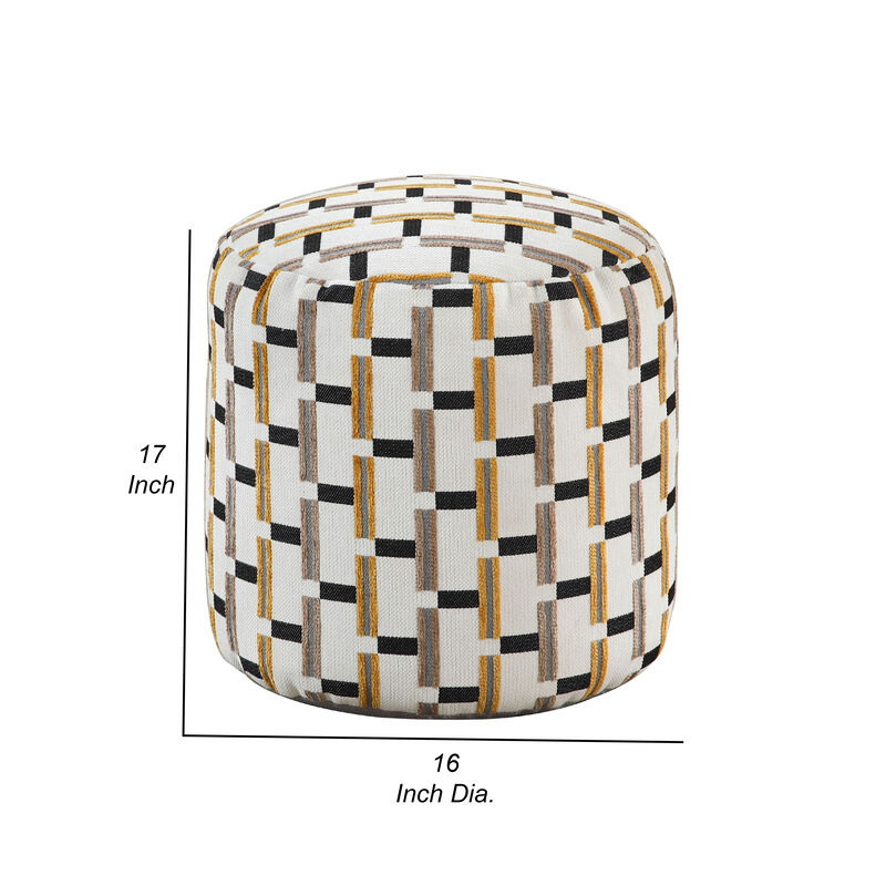 Modern Pouf Ottoman, Beige Gray Geometric Block Jacquard, 16 Inch