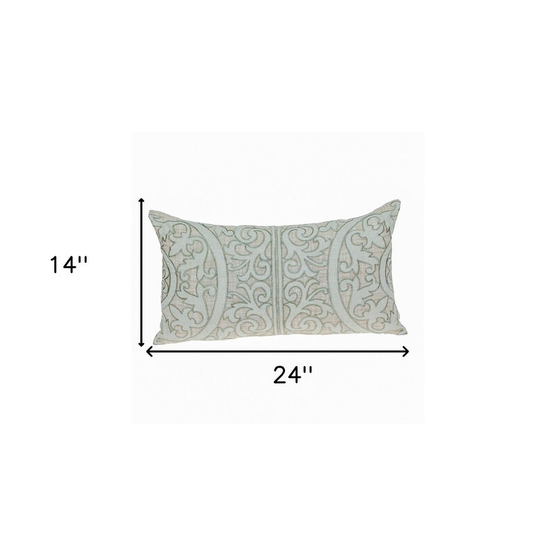 HomeRoots 14" X 24" Beige and Green Linen Lumbar Throw Pillow with Embroidery image number 3