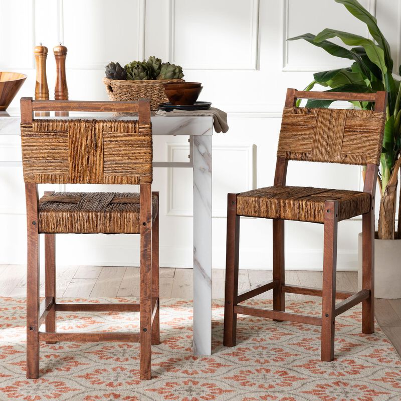 bali & pari Chabela Seagrass Counter Stool Set of 2 - Solid Mango Wood Frame with Woven Seat and Backrest, Rustic Boho Style Dining or Kitchen Island Seating, Brown