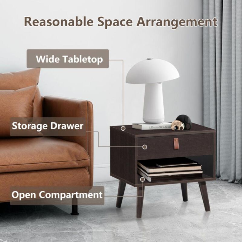 Hivvago Nightstand Bedroom Table with Drawer Storage Shelf-Brown
