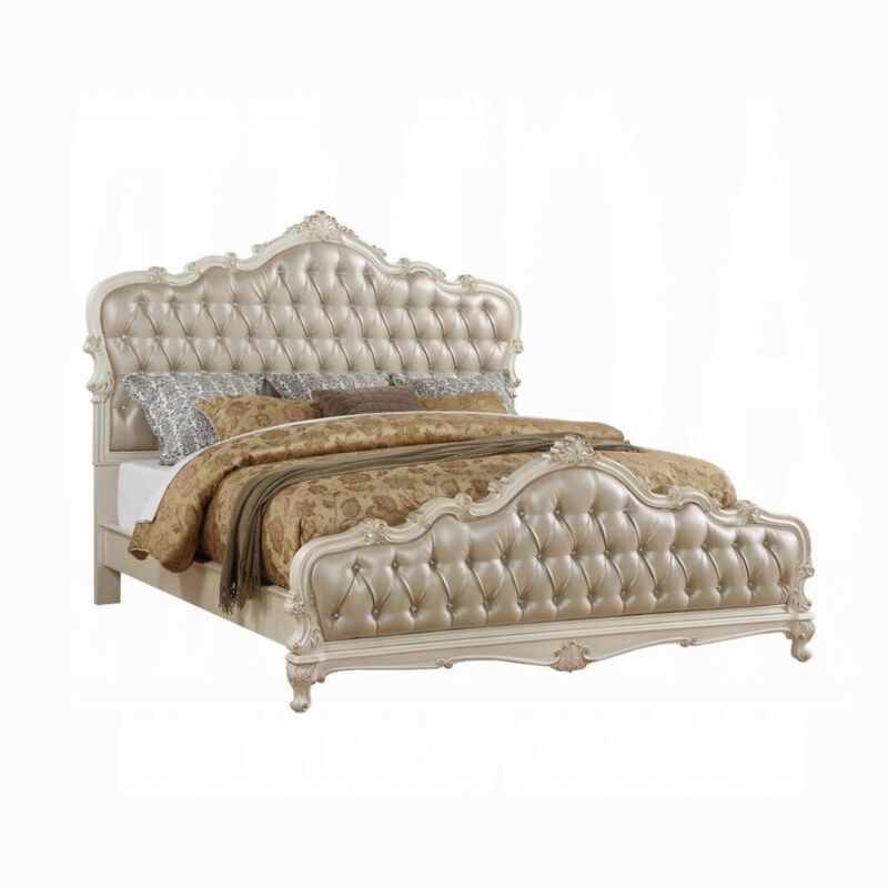 Classy Traditional Style Queen Bed, Gold  And White - Benzara