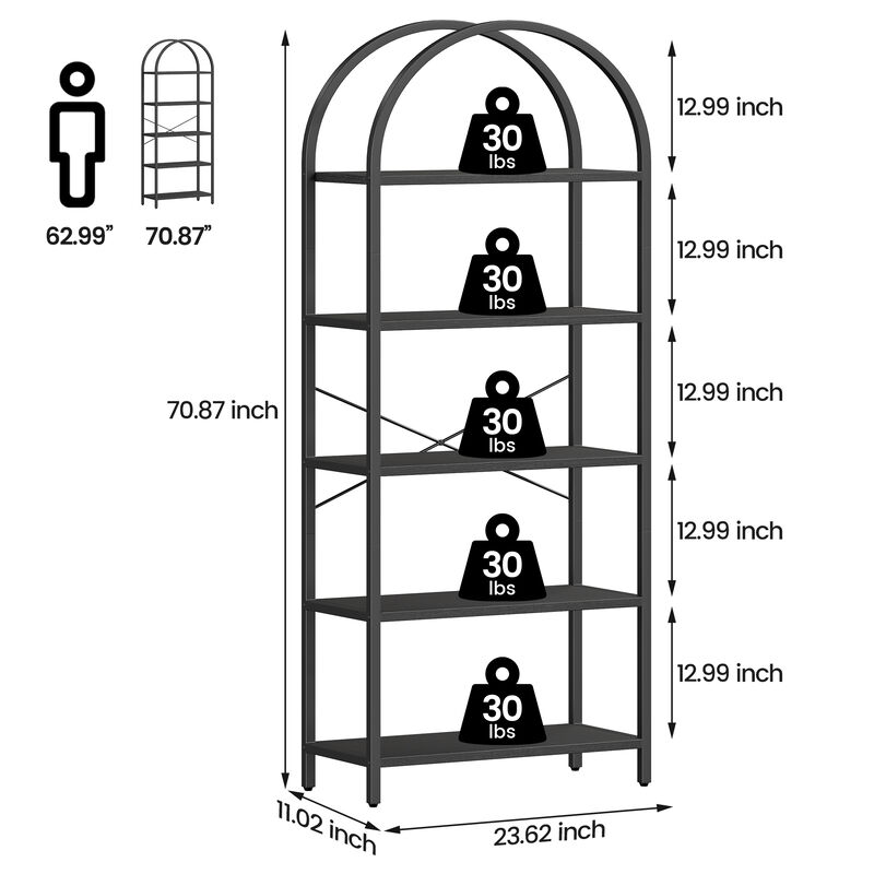 Modern Industrial Arched 5-Tier Open Bookshelf, Curved Metal Frame Freestanding Storage Display Shelf for Living Room, Bedroom & Home Office image number 5